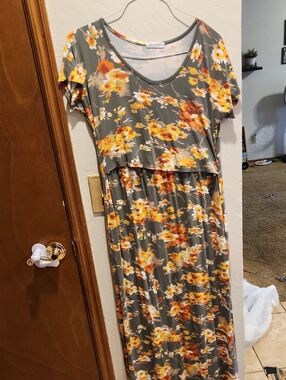 Olive Floral Nursing Dress with Yellow & Orange Blooms